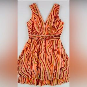 Bar III Printed Women Ruched Waist Mini Dress 4 Coral Sleeveless V Neck New NWOT
